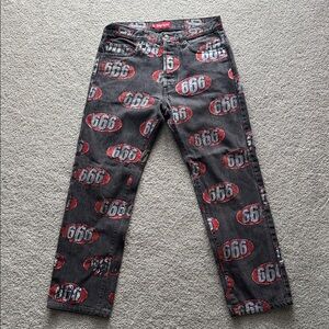 Supreme Black Denim Jeans with Red and White 666 Allover Print